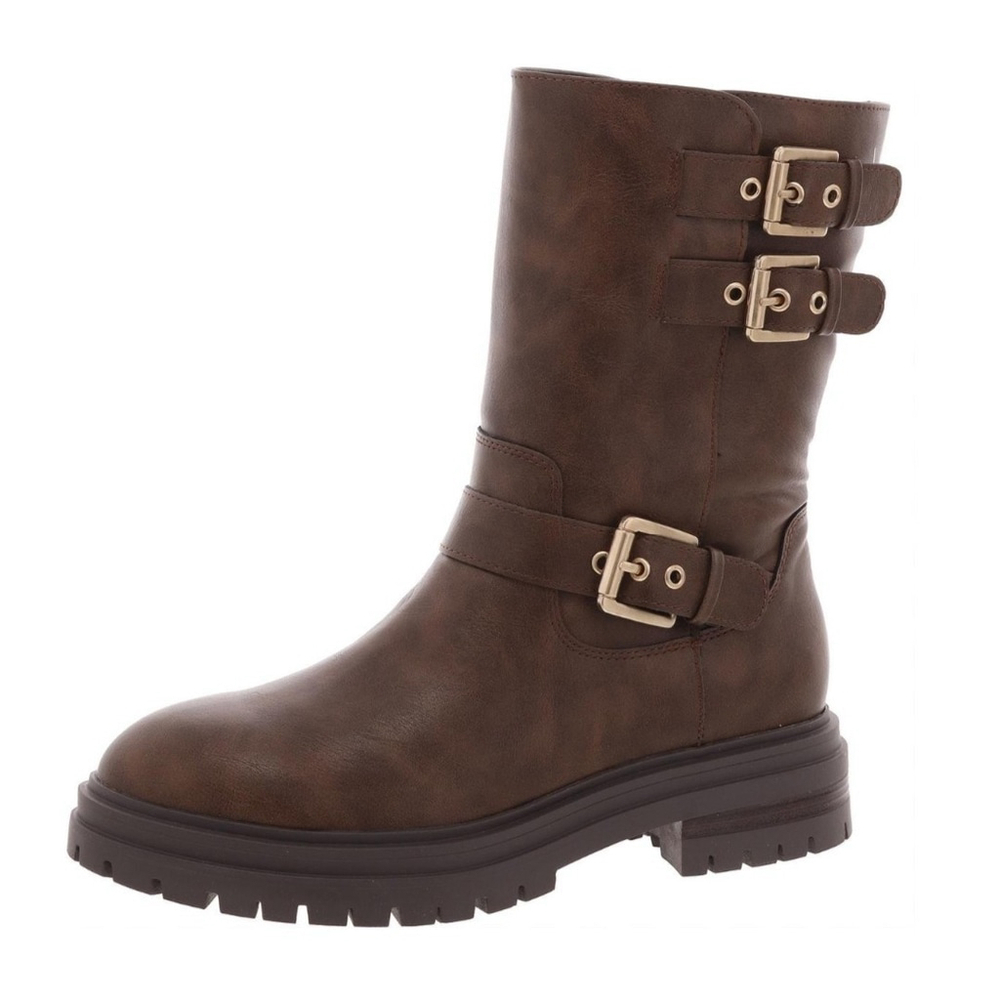 Sun + Stone Onnyx Lug Biker Moto Zip On Buckle Boots Booties 7 M Chocolate Brown - Picture 2 of 13
